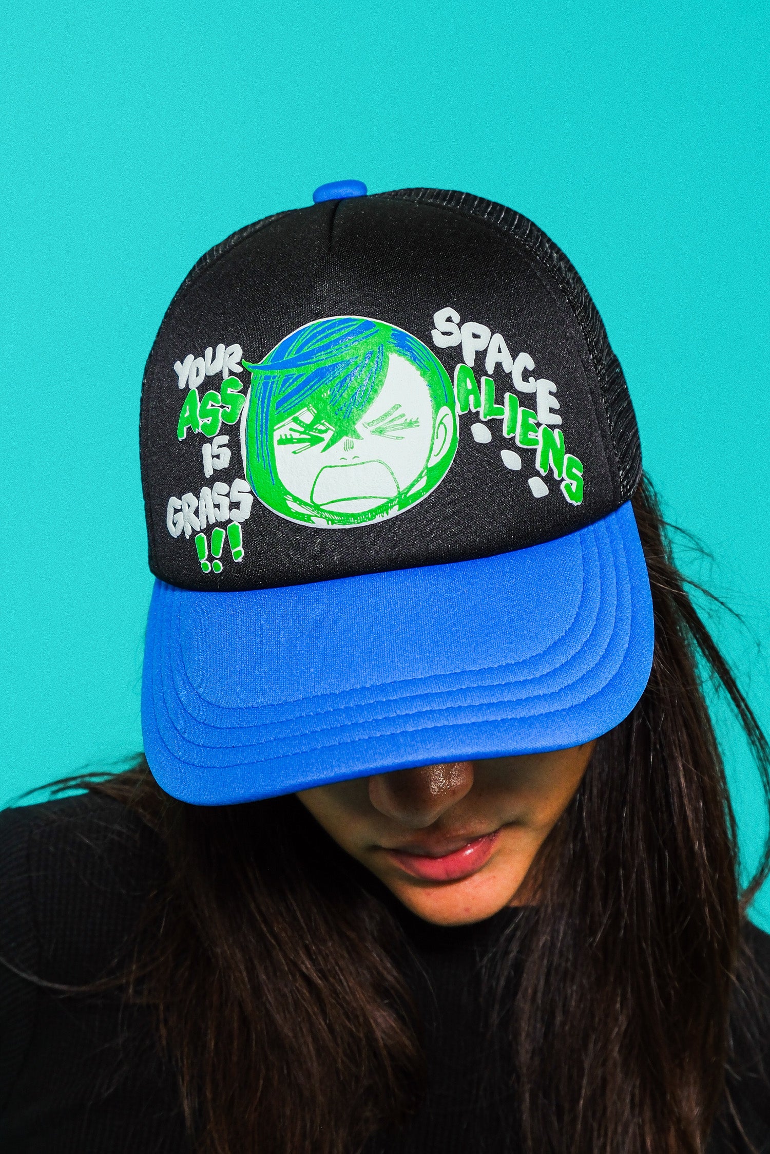Your Ass is Grass Space Aliens Trucker Hat - Black/Blue